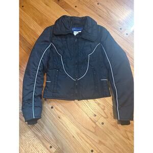 Vtg 1970s Obermeyer Ski Jacket Full Zip Nylon Coat Black w/ White Piping